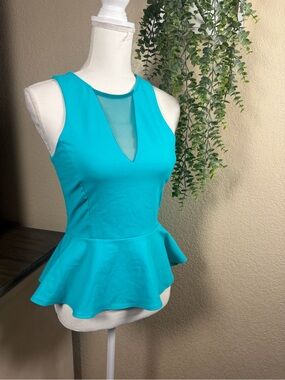 bebe Turquoise Mesh-Inset Peplum Tank